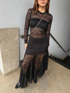Maxi Falda Irregular Encaje Negra