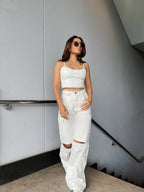 Pantalon Cargo Pespuntes Beige