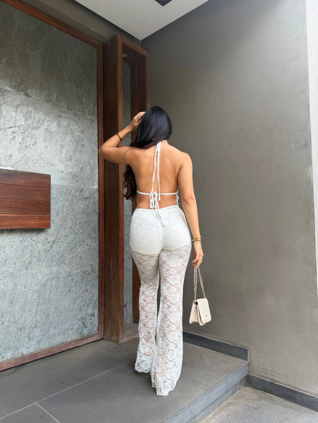 Pantalon Flare Encaje Marfil