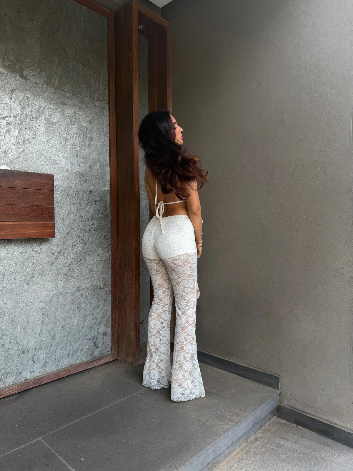 Pantalon Flare Encaje Marfil