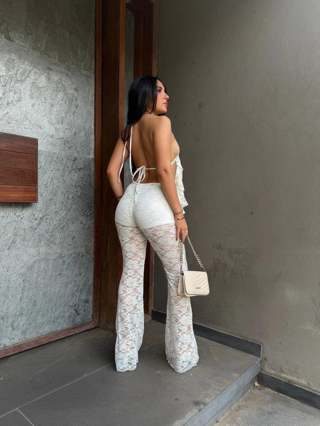 Pantalon Flare Encaje Marfil