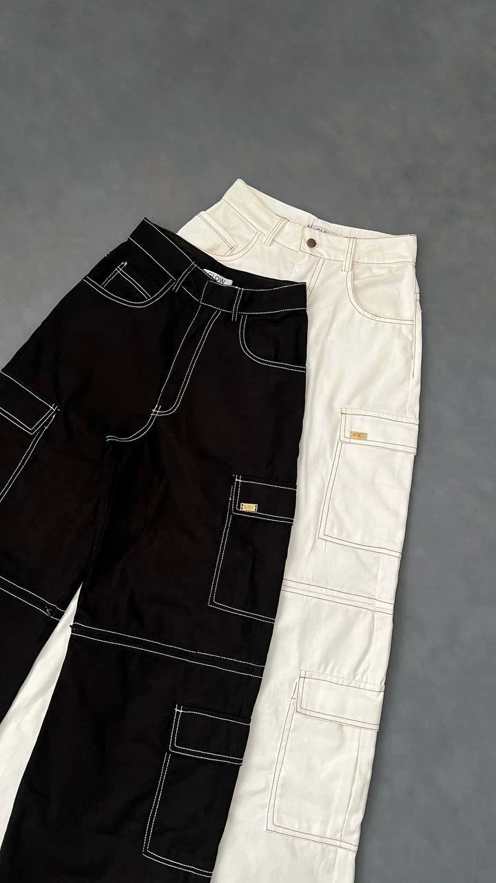 Pantalon Cargo Pespuntes Beige