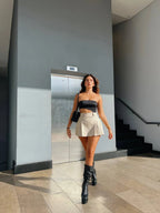Falda Short Pliegues Kaqui