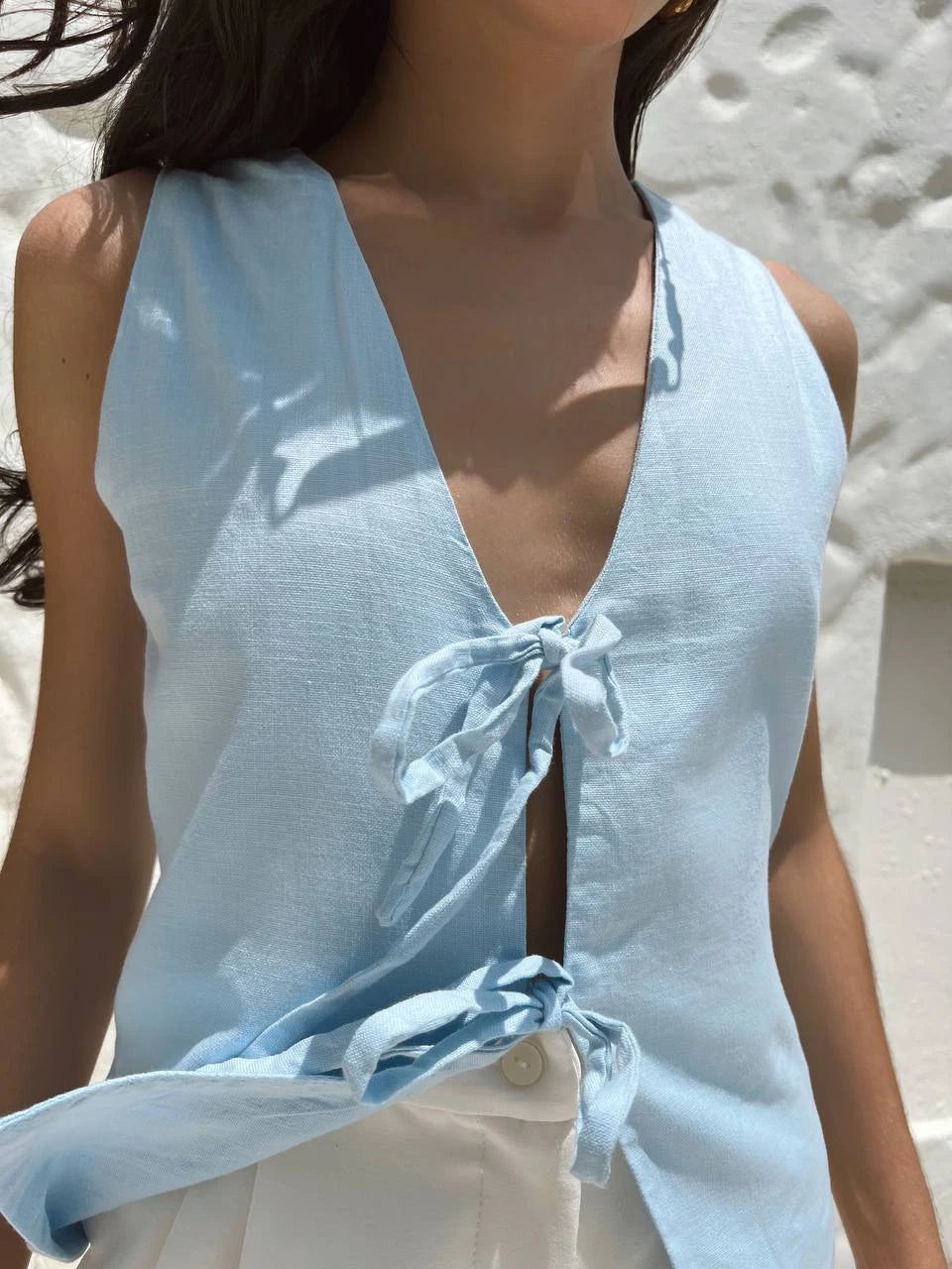 Blusa Lazos Baby Blue Lino