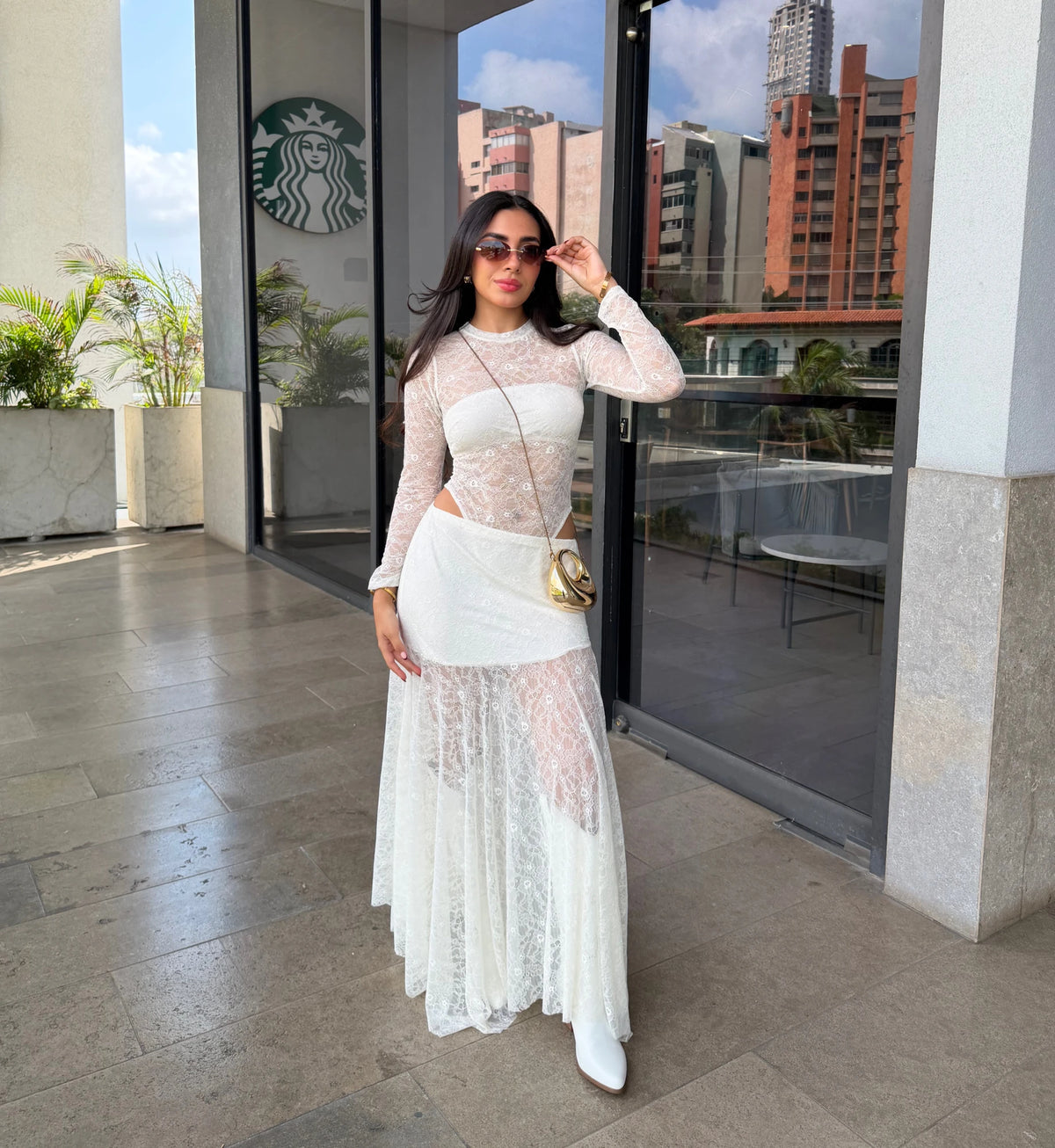 Maxi Falda Irregular Encaje Marfil
