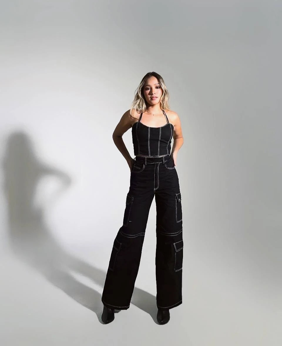 Pantalon Cargo Pespuntes Negro