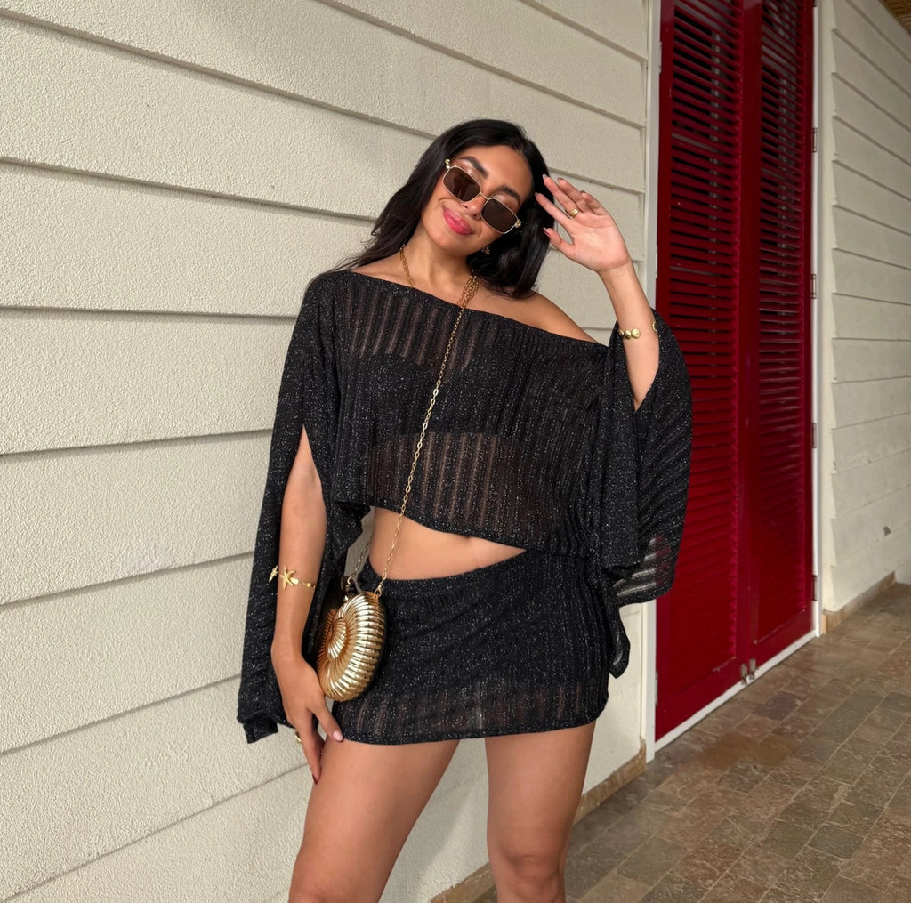 Mini Falda Short Crochet Negra Brillante