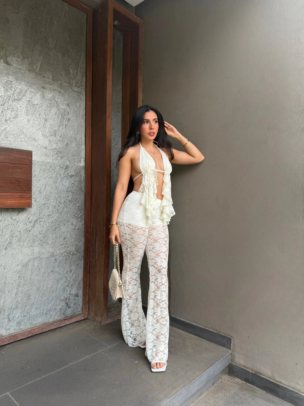 Pantalon Flare Encaje Marfil
