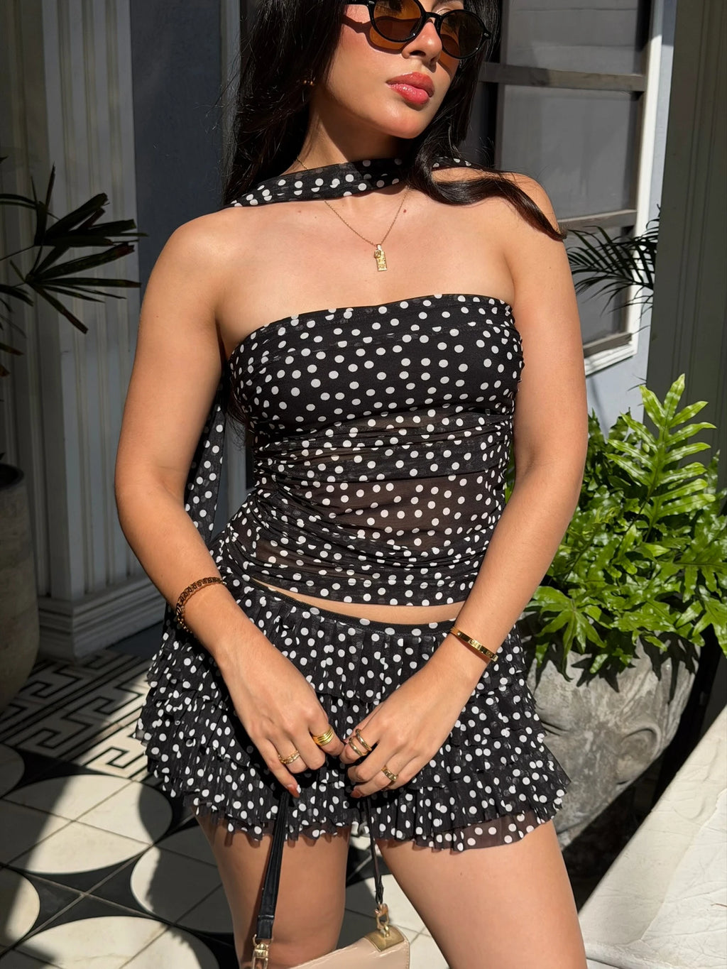 Blusa Strapple Polka Dots Negra